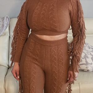 Fringe Detail Knit Two-Piece Set in Brown